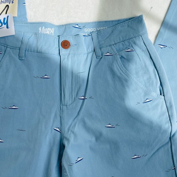 Mugsy Mens Waverunner Chino Pants 31x30 GOOD VIBES Light Blue Stretchy Jet Ski - Picture 2 of 9